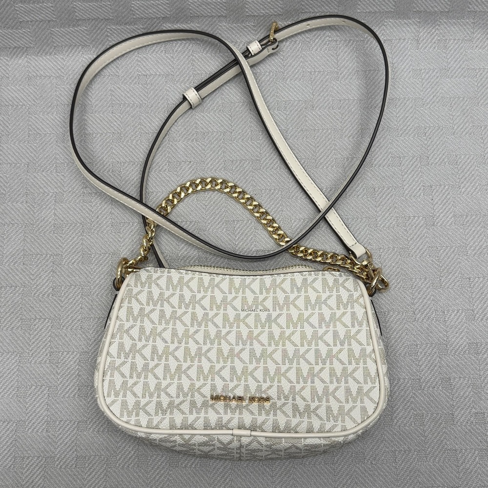 Michael Kors Crossbody Bag Womens Small White Logo Canvas Chain Strap Shoulder